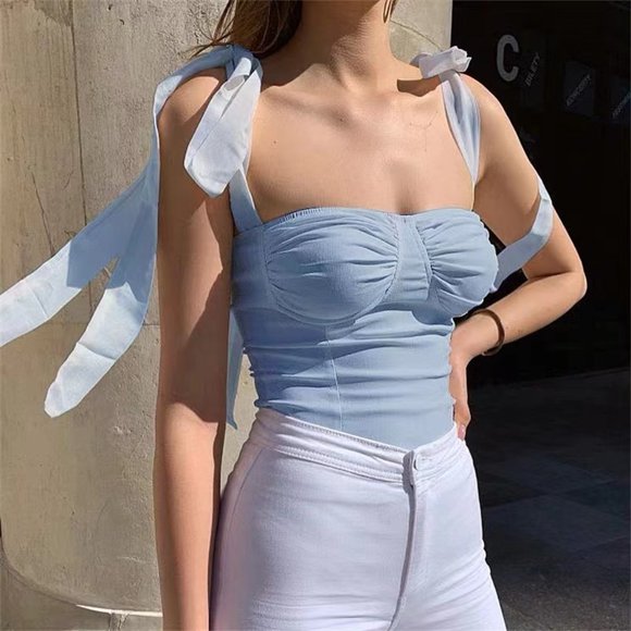 SKY BLUE BOW STRAPS CROP TANK TOP - Picture 1 of 1